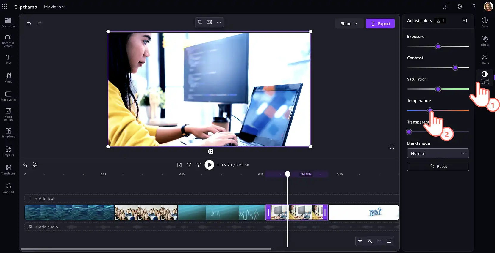 En användare justerar en videos färger, temperatur och utseende i Clipchamp för arbete