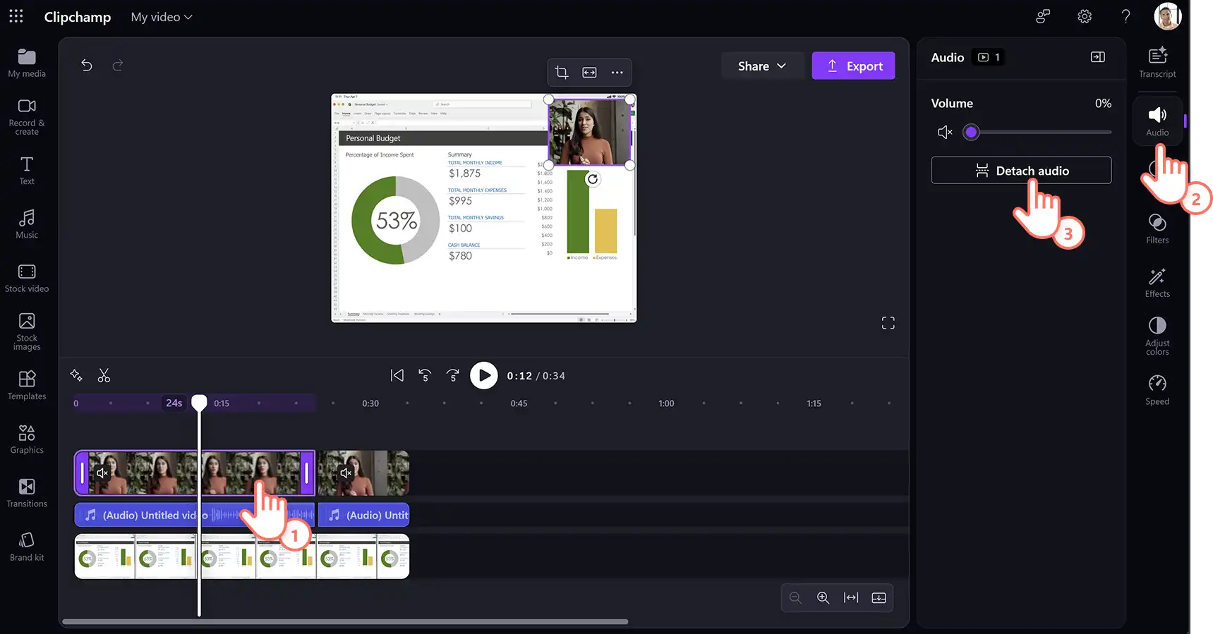 Usuário separando o áudio de um vídeo de demonstração de produto no Clipchamp para o trabalho.
