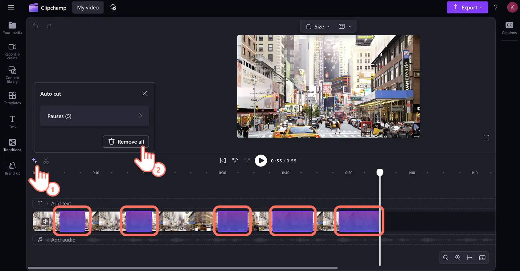 Pengguna menggunakan pemotongan otomatis AI untuk mendeteksi dan menghapus keheningan tak diinginkan pada audio dari video di Clipchamp.