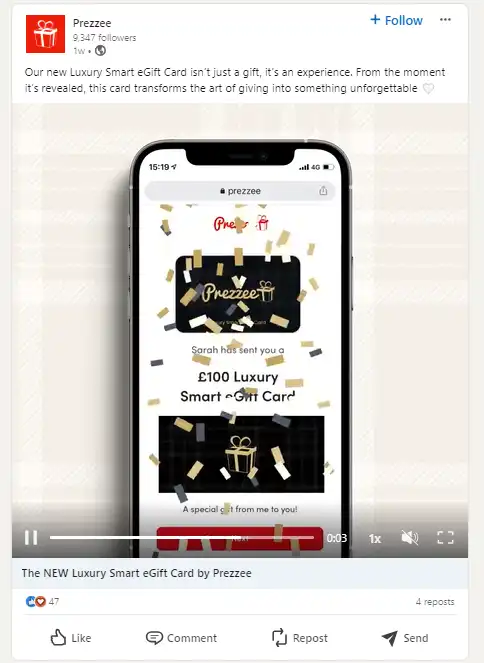 Cuplikan layar posting iklan video LinkedIn oleh Prezzee.
