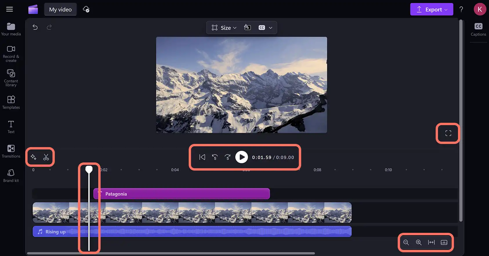 Tidslinjen i Clipchamp-videoeditoren.