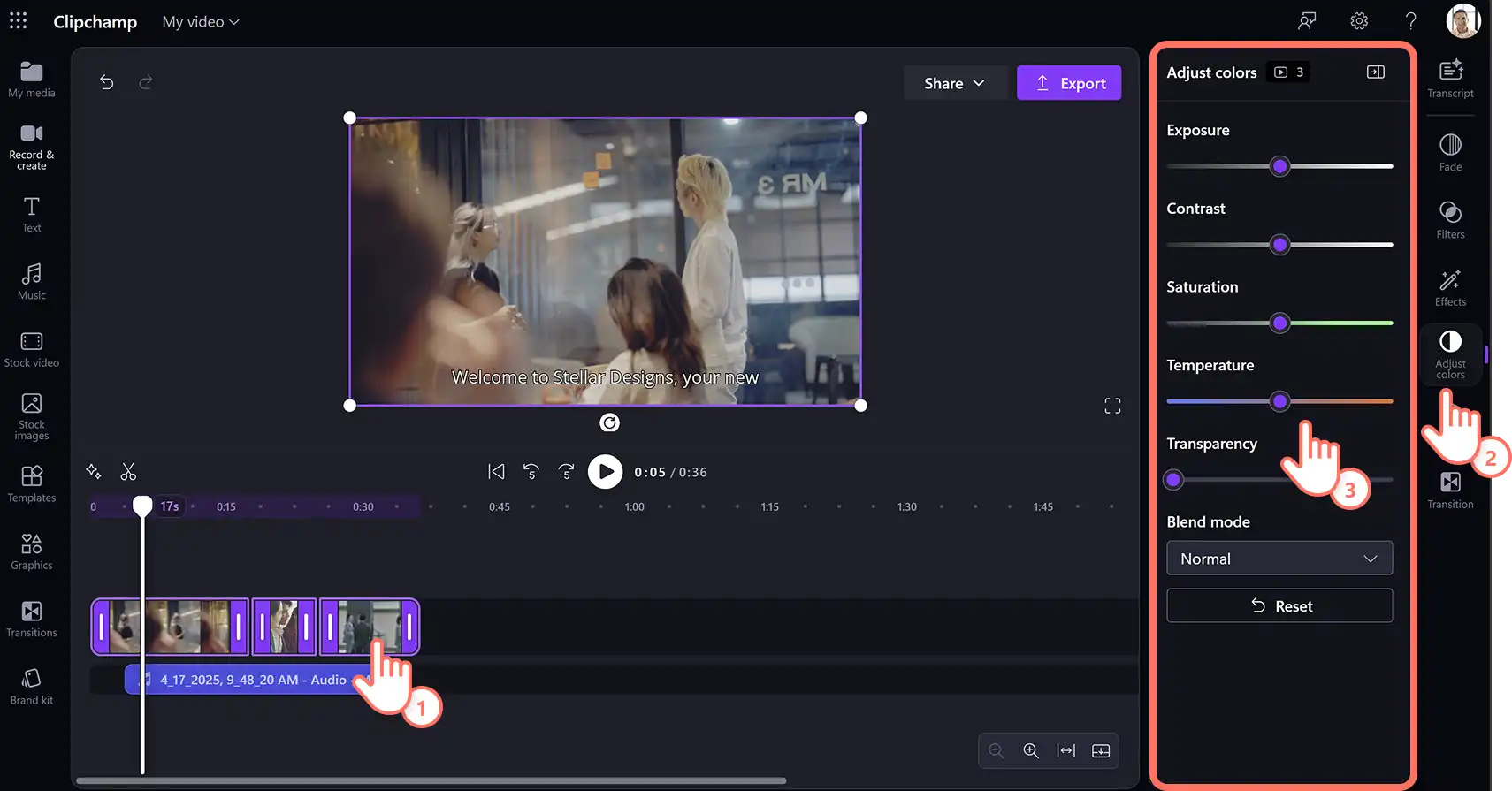 Użytkownik stosujący korekcję kolorów w korporacyjnym filmie informacyjnym w usłudze Clipchamp do pracy.