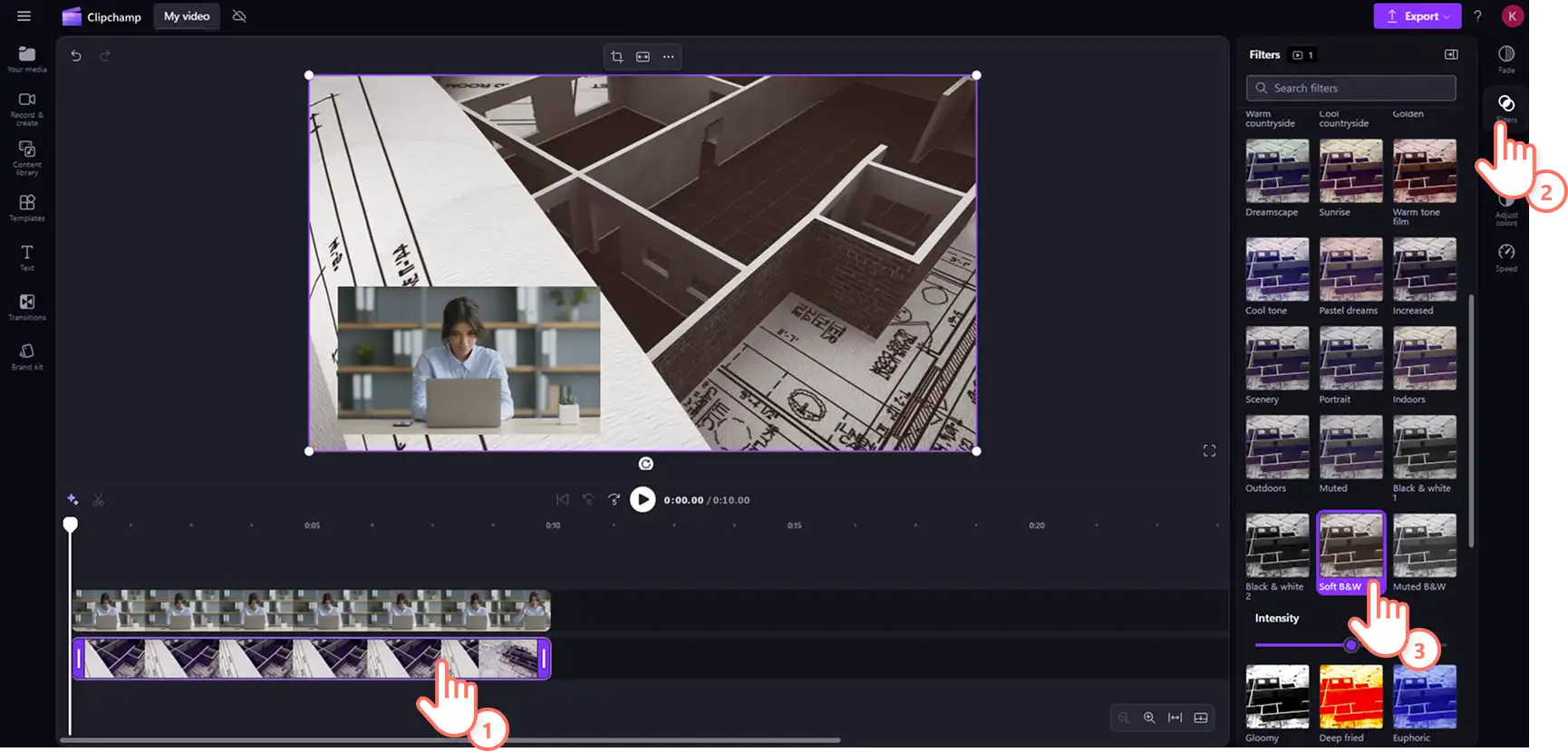 用户在 Clipchamp 中使用属性面板为画中画视频添加滤镜。