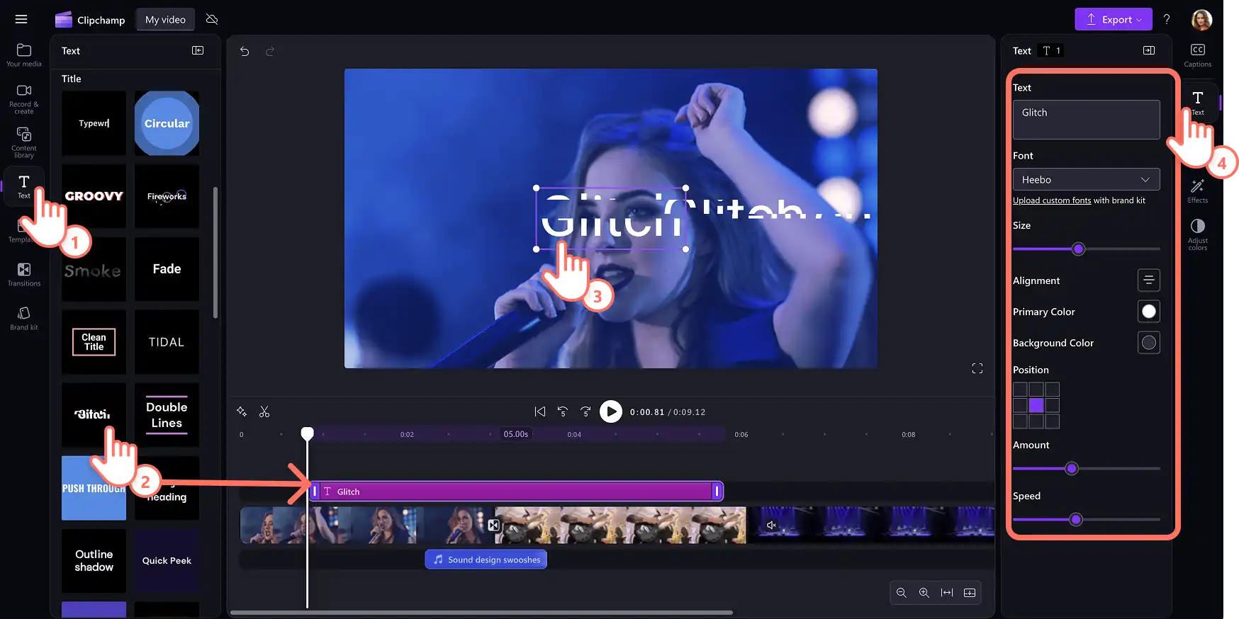 Imagem de um usuário adicionando um título de efeito estático ao vídeo 