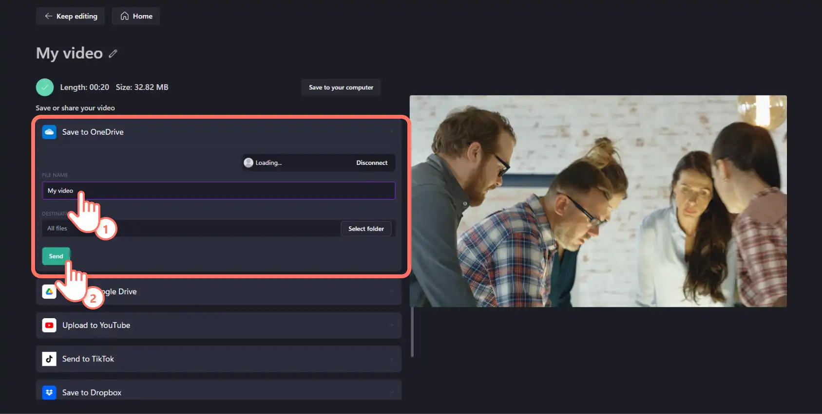 Ein Bild, das zeigt, wie ein Clipchamp-Benutzer ein Video auf OneDrive exportiert
