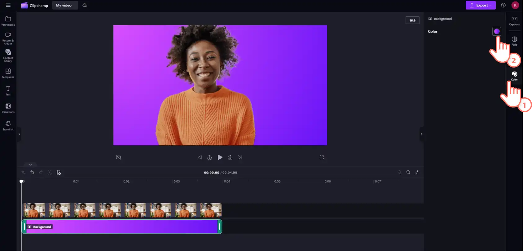 A user clicking on the color tab and the color circle on the property panel in Clipchamp.
