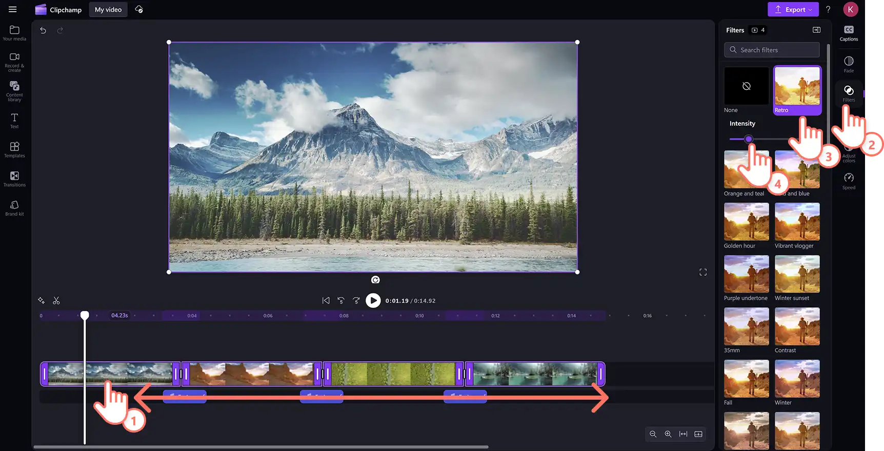 Un utente che applica filtri video a clip video uniti in Clipchamp editor video. 