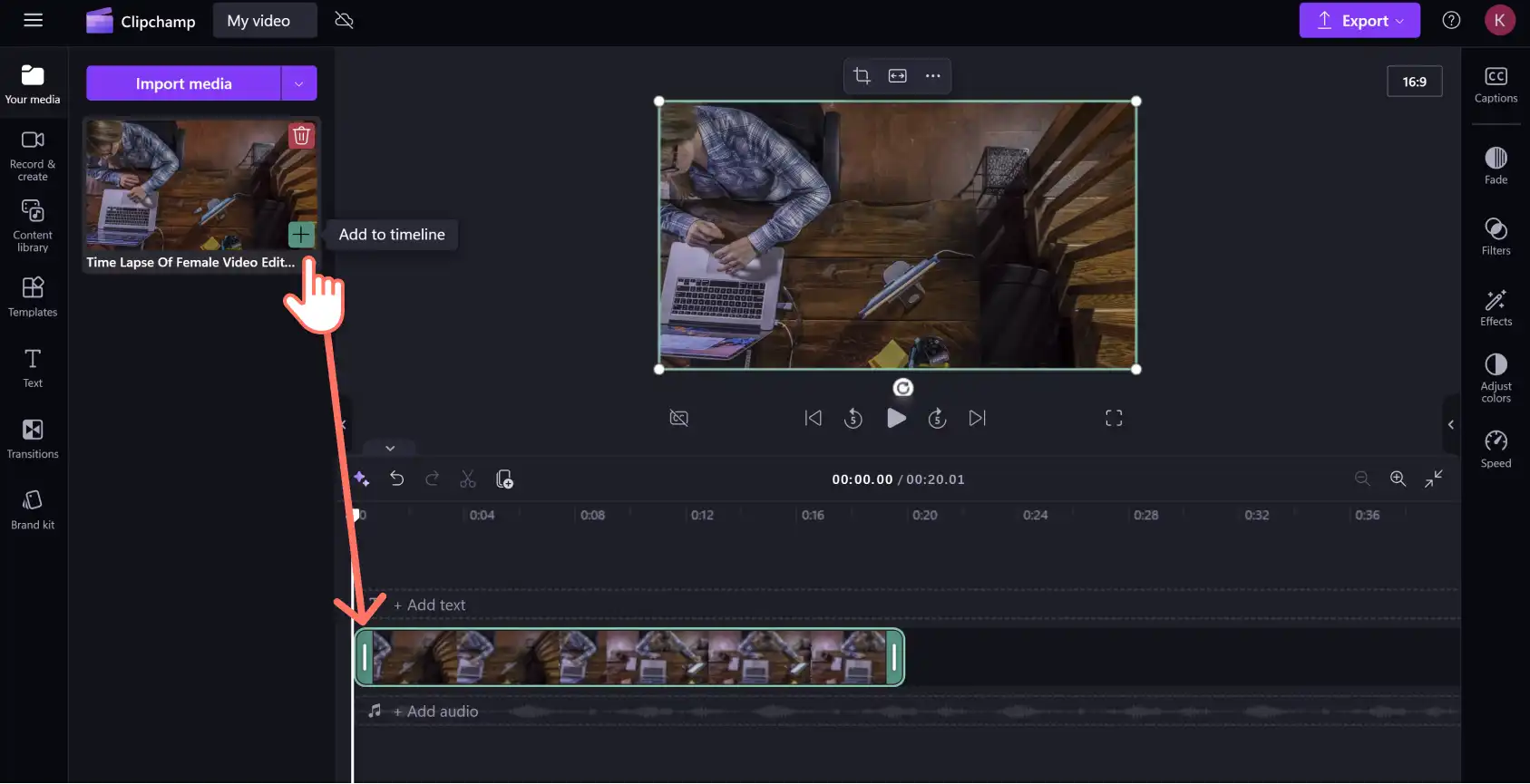 A user adding a video to the timeline in Clipchamp.