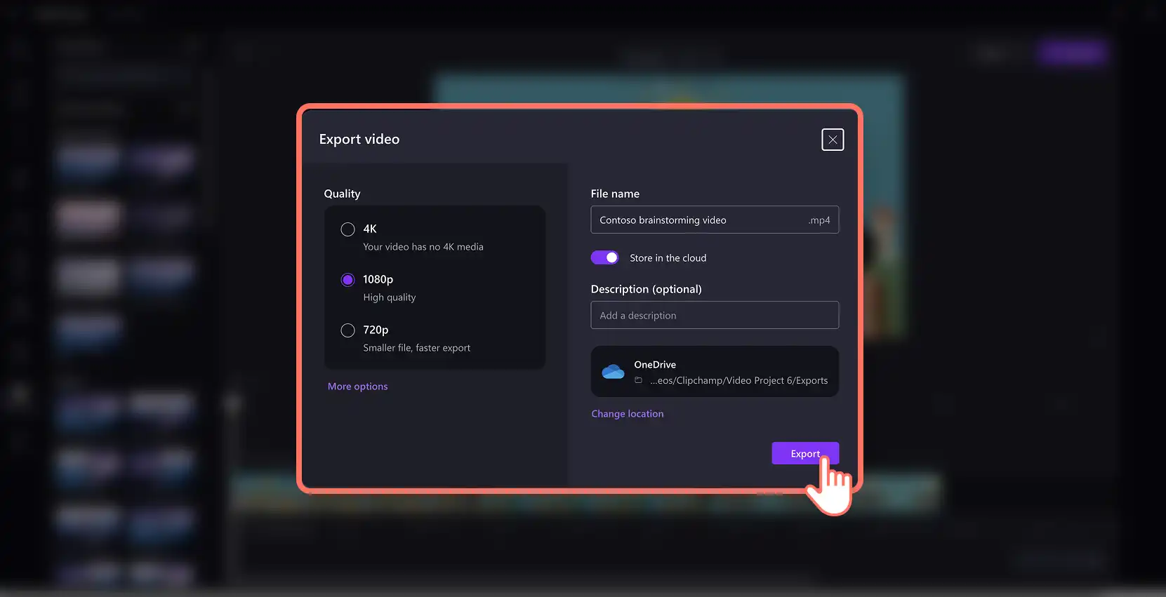 Un utilisateur choisissant le titre, la résolution et l’emplacement où enregistrer la vidéo à exporter dans Clipchamp pour le travail
