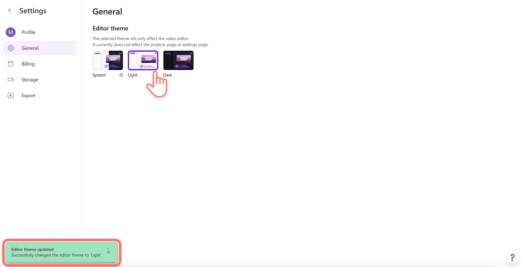 用户在 Clipchamp 中选择模式