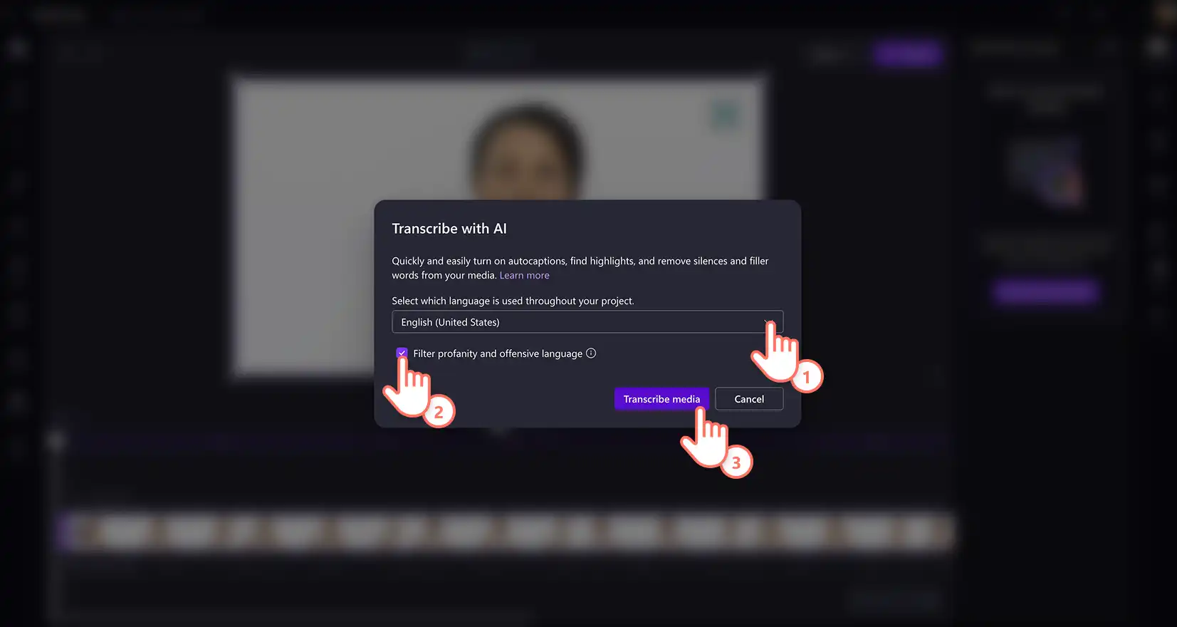 A user selecting AI transcription language in Clipchamp video editor for work