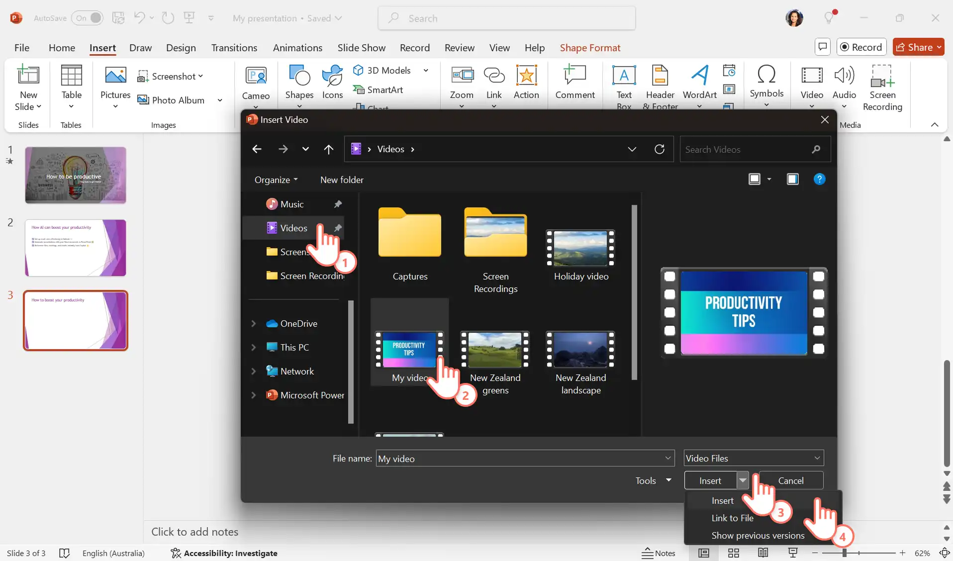Un usuario elige un archivo de vídeo para insertarlo en PowerPoint