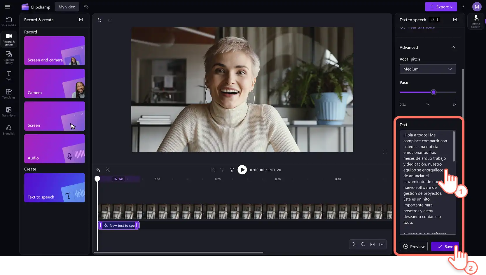 En bruker som skriver et manus for voiceover og lager en spansk KI-voiceover i videoredigeringsprogrammet Clipchamp.