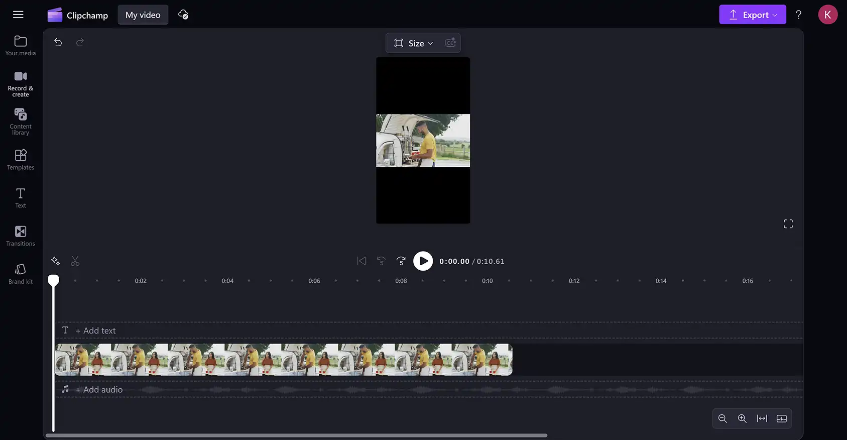La vidéo d’un utilisateur convertie au format 9:16 pour Instagram dans l’éditeur vidéo Clipchamp.