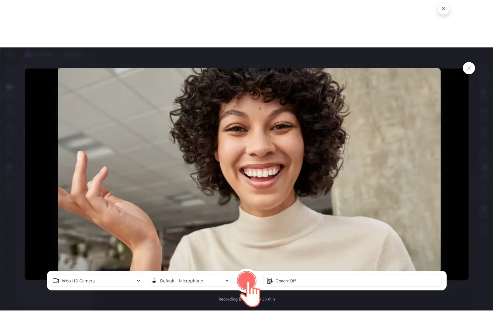 Vælg kilder, talecoach og optag dit webcam i Clipchamp
