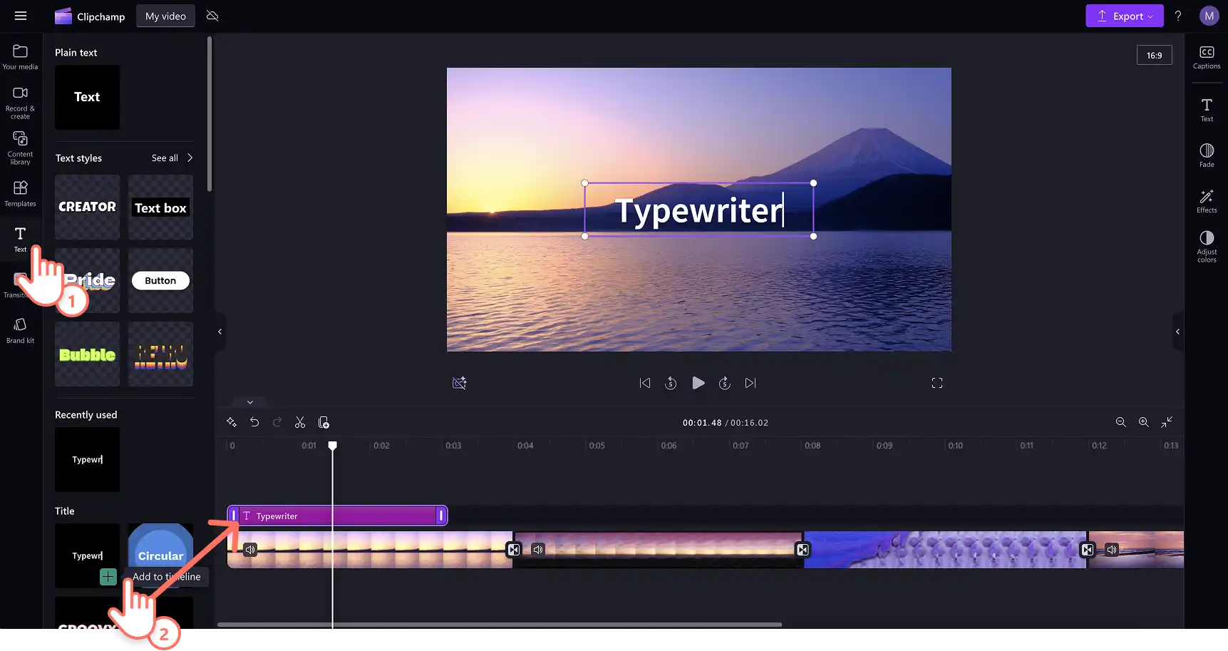 Użytkownik dodający tekst do osi czasu w Clipchamp