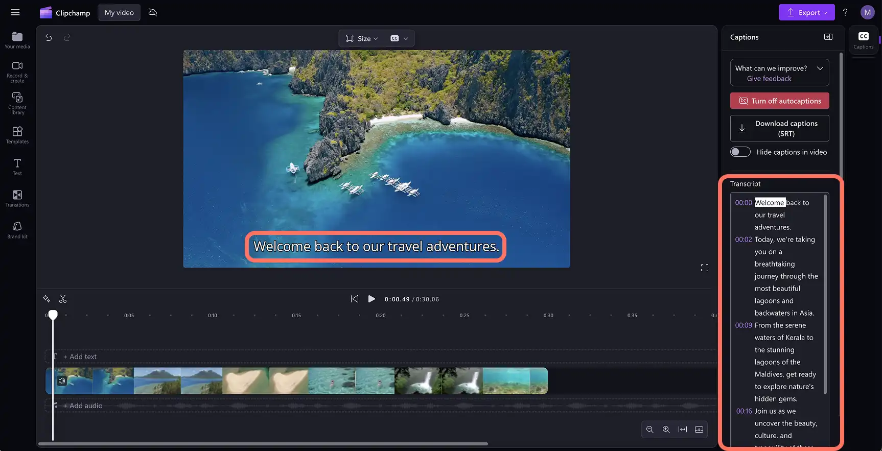 Imej sari kata yang dicipta oleh kapsyen automatik dalam Clipchamp.
