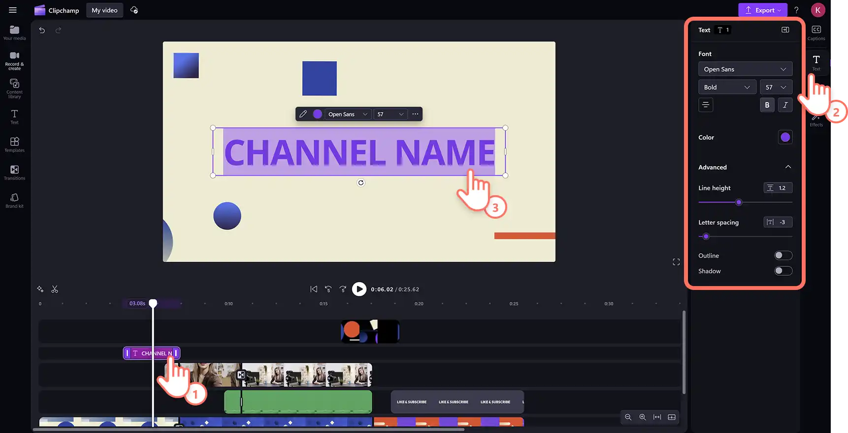 En bruger ændrer teksten i en videoskabelon i Clipchamp-videoeditoren. 