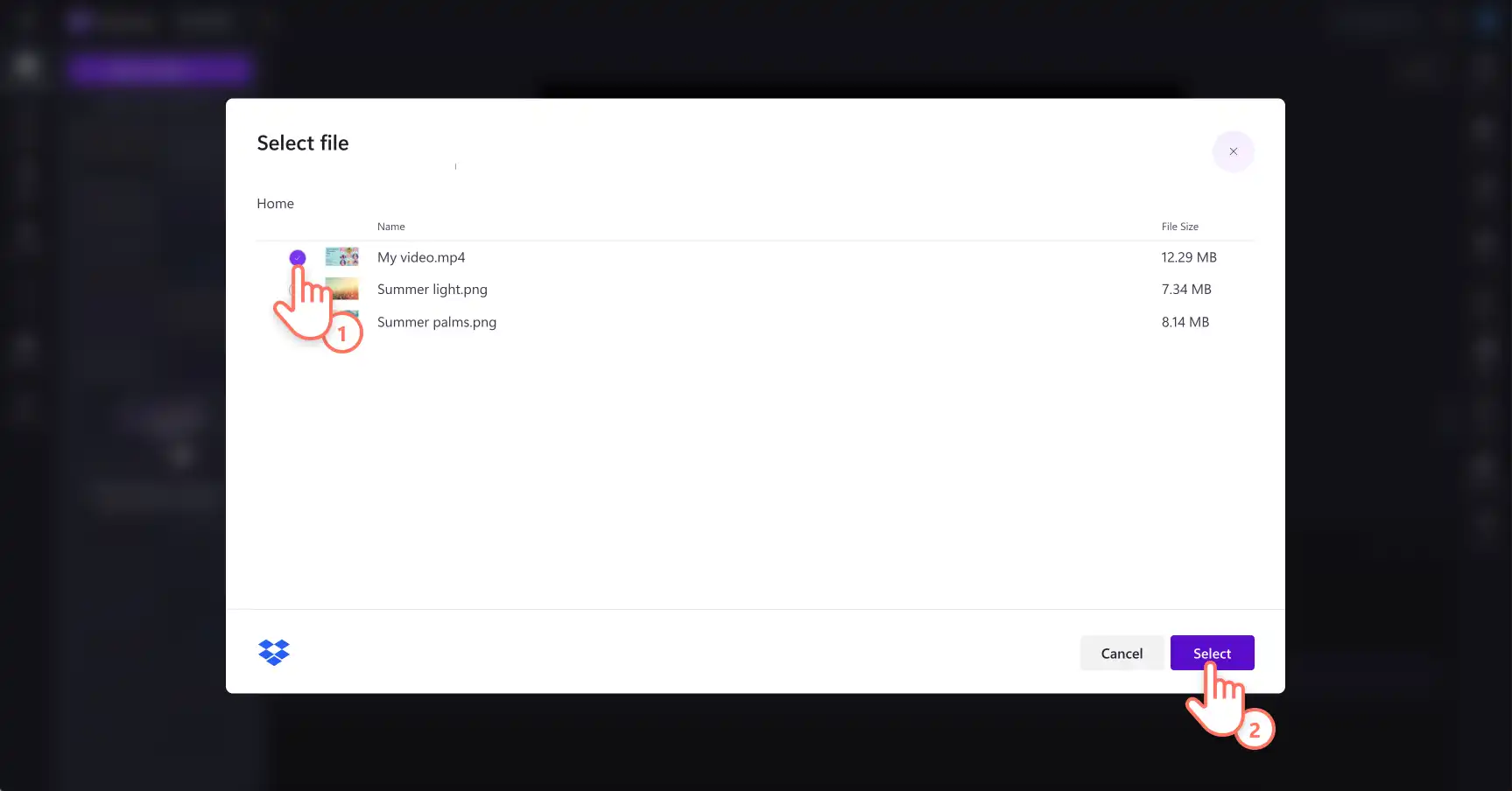 Imagem de uma pessoa selecionando fotos e vídeo no Google Drive para importar para o Clipchamp.