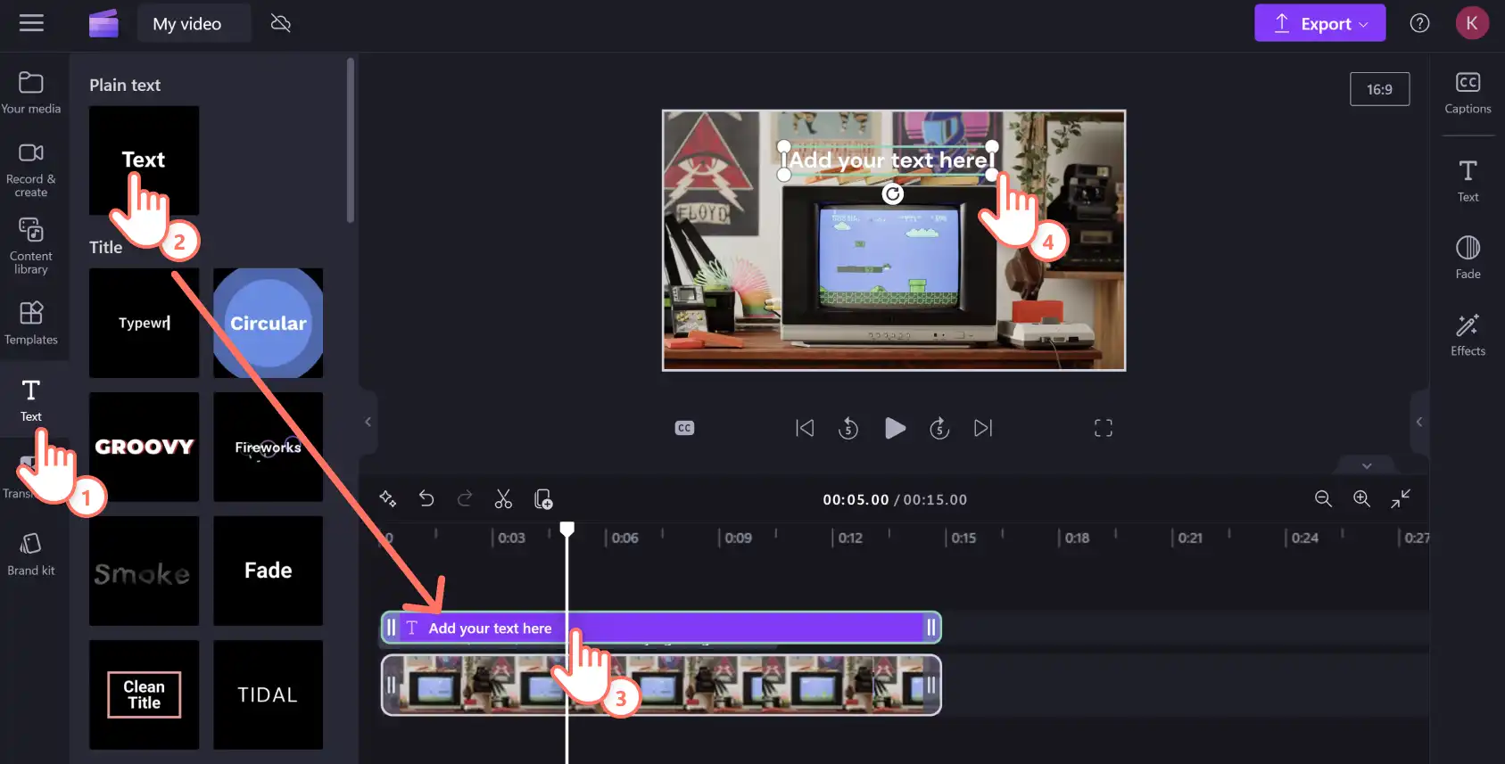 Mem GIF’i yapmak için bir metin kutusunu düzenleme zaman çizelgesine sürükleyip bırakan bir Clipchamp kullanıcısının resmi.
