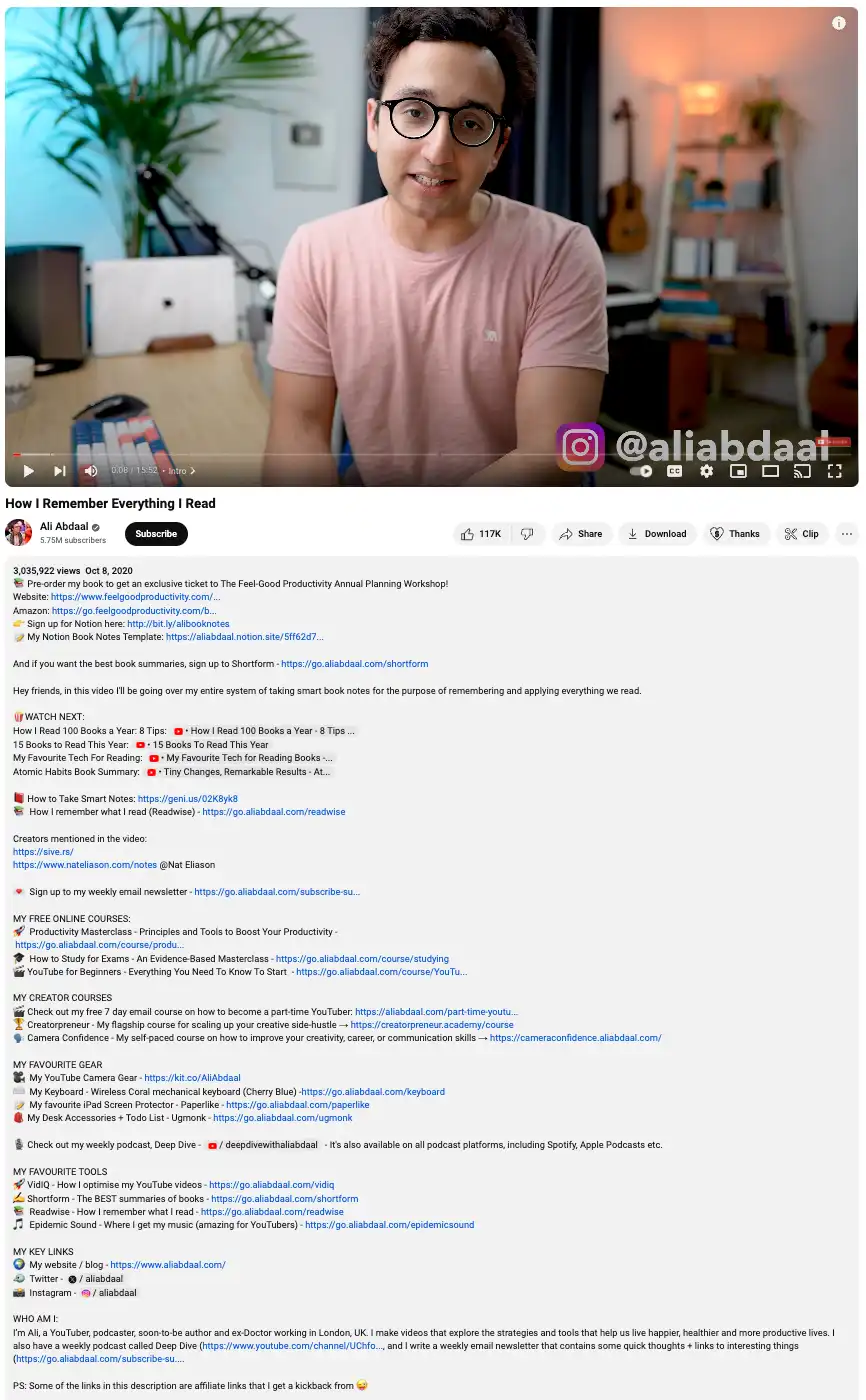 Imagen de la descripción del vídeo de Ali Abdaal para su vídeo de YouTube "Cómo recuerdo todo lo que leo".