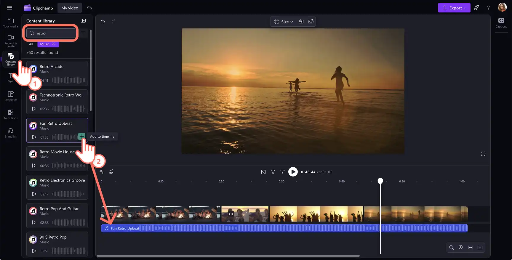 Um utilizador a adicionar música de fundo a um vídeo de efeito VHS no Clipchamp.