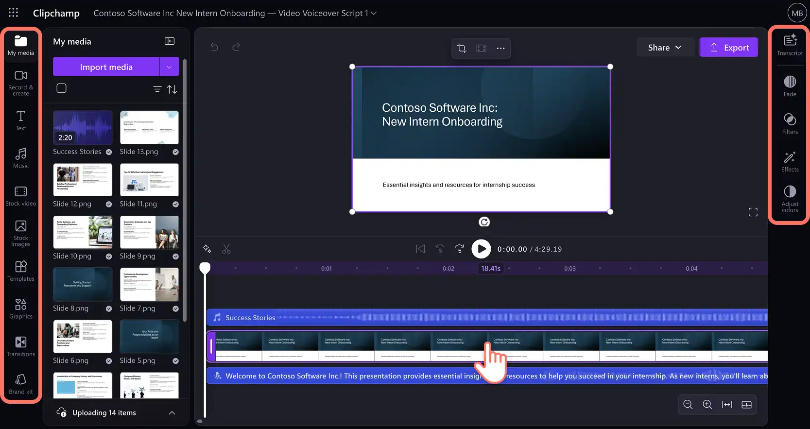 A user editing a video presentation in Clipchamp
