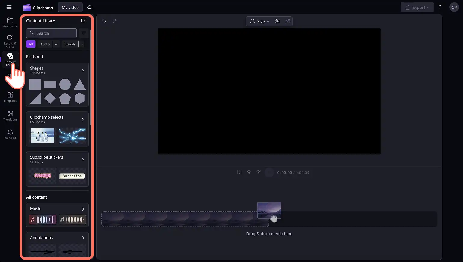 Pengguna menemukan video stok di Clipchamp. 