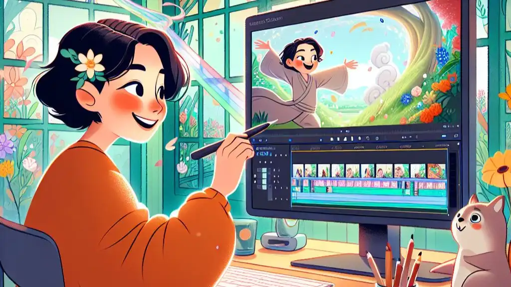 Kartun bergaya Jepang yang dibuat dengan Microsoft Designer tentang pengguna yang membuat video dengan editor video Clipchamp. 