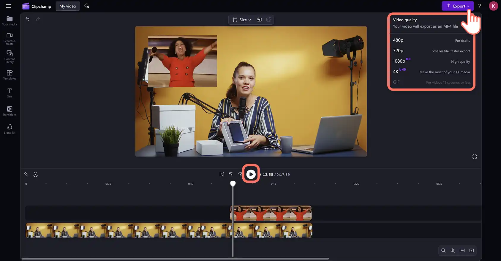 Käyttäjä viemässä GIF-kuvakerrosvideota Clipchamp-videoeditorissa.