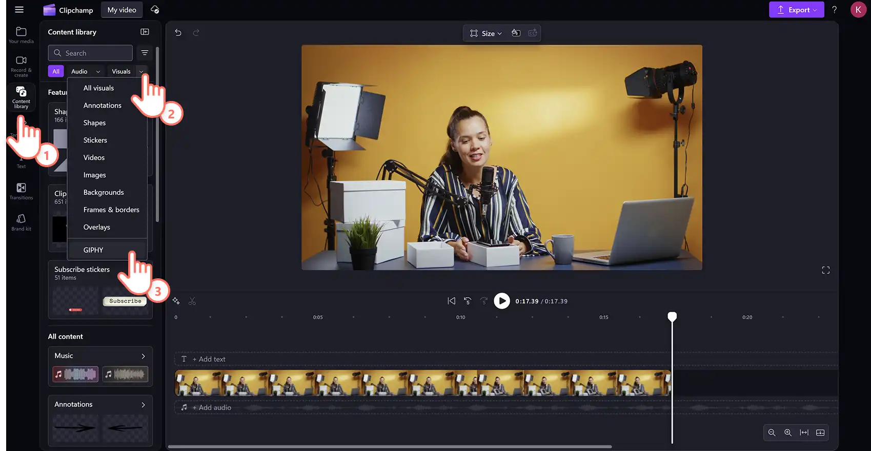 Käyttäjä käyttämässä GIPHY-integrointia Clipchampin sisältökirjastossa.