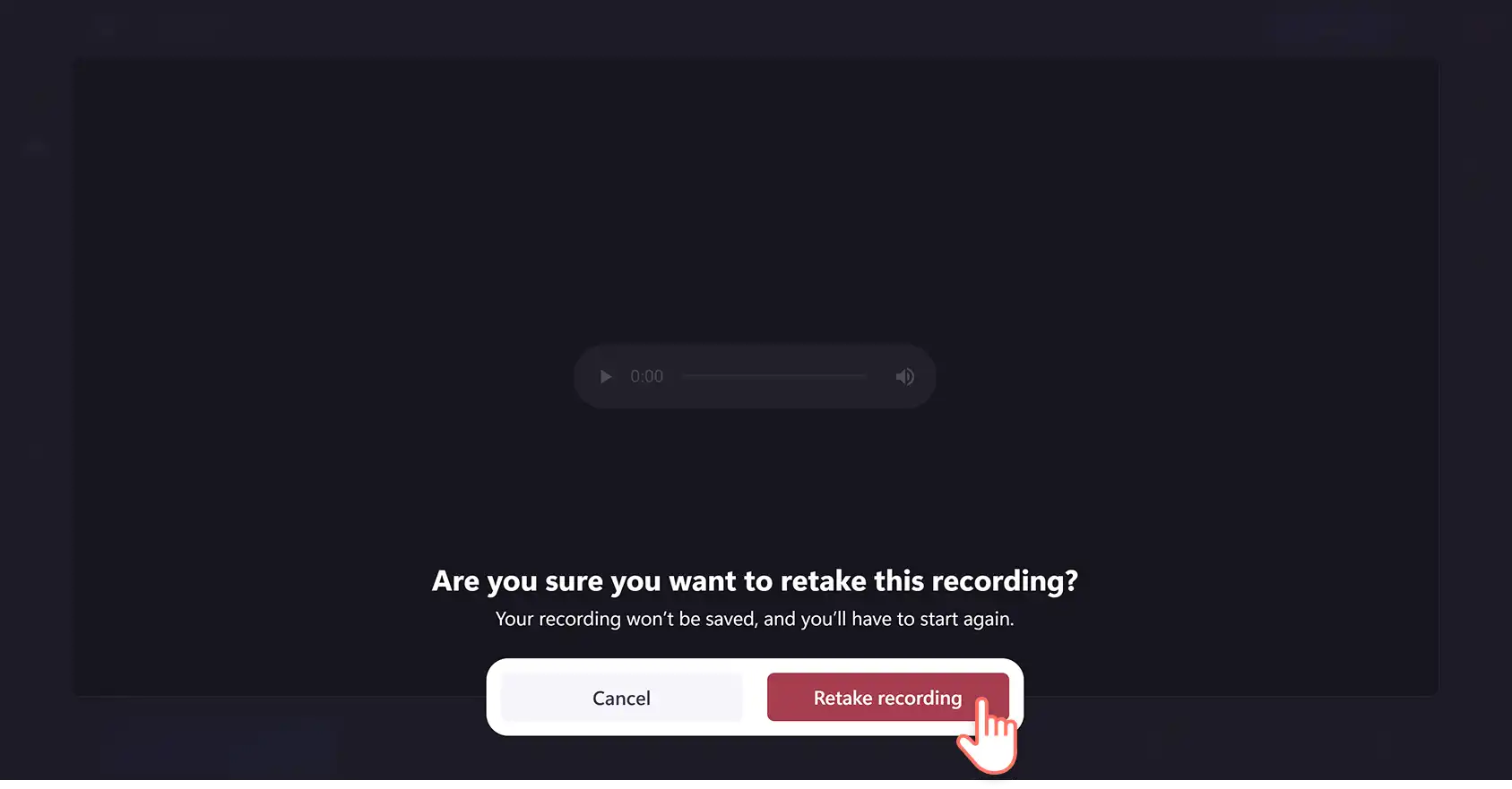 En bruker som klikker på «Nytt opptak»-knappen i den nettbaserte lydopptakeren i videoredigeringsprogrammet Clipchamp.