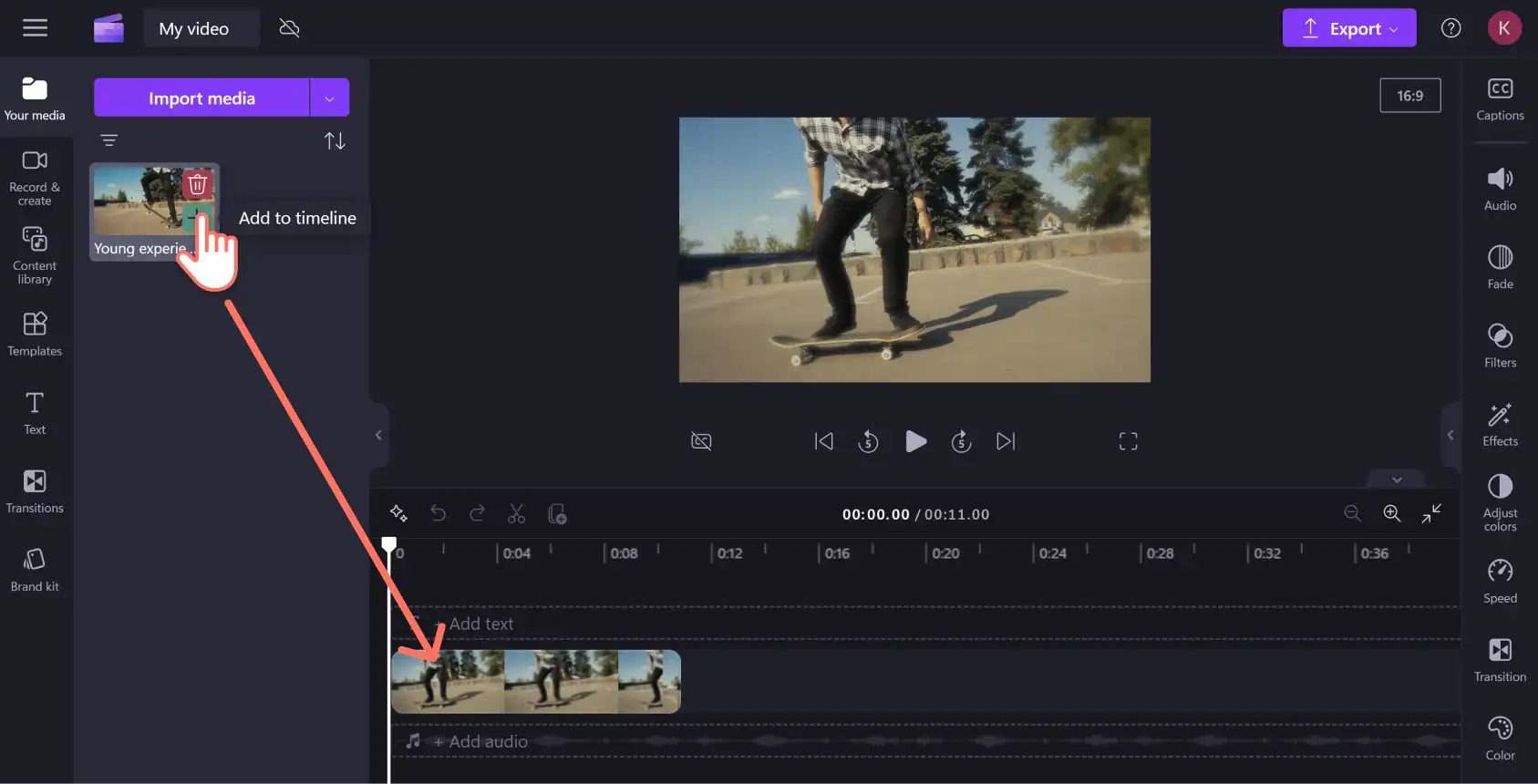 An image of a Clipchamp user dragging imported media onto the editing timeline.