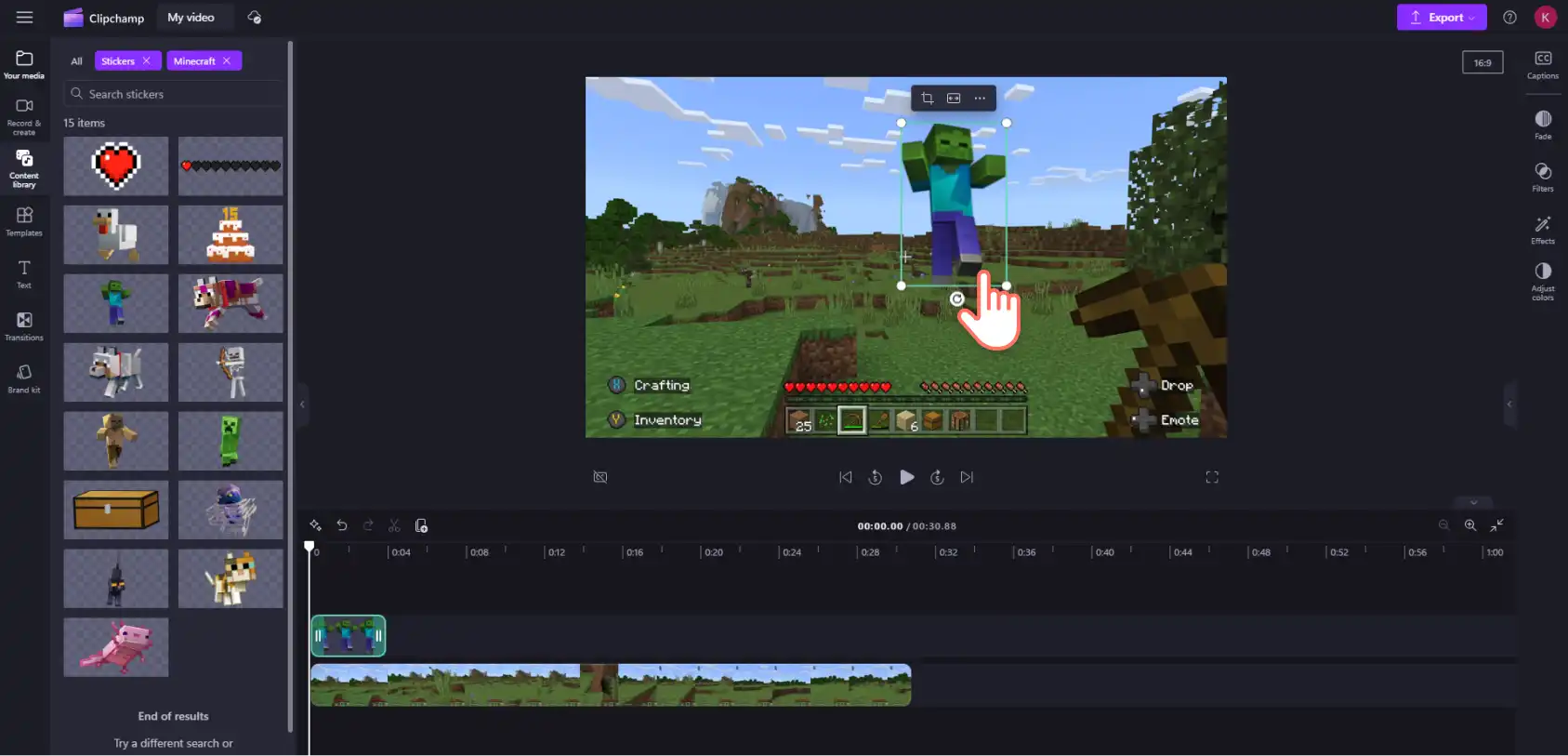 An image of a Clipchamp user relocating a Minecraft sticker.