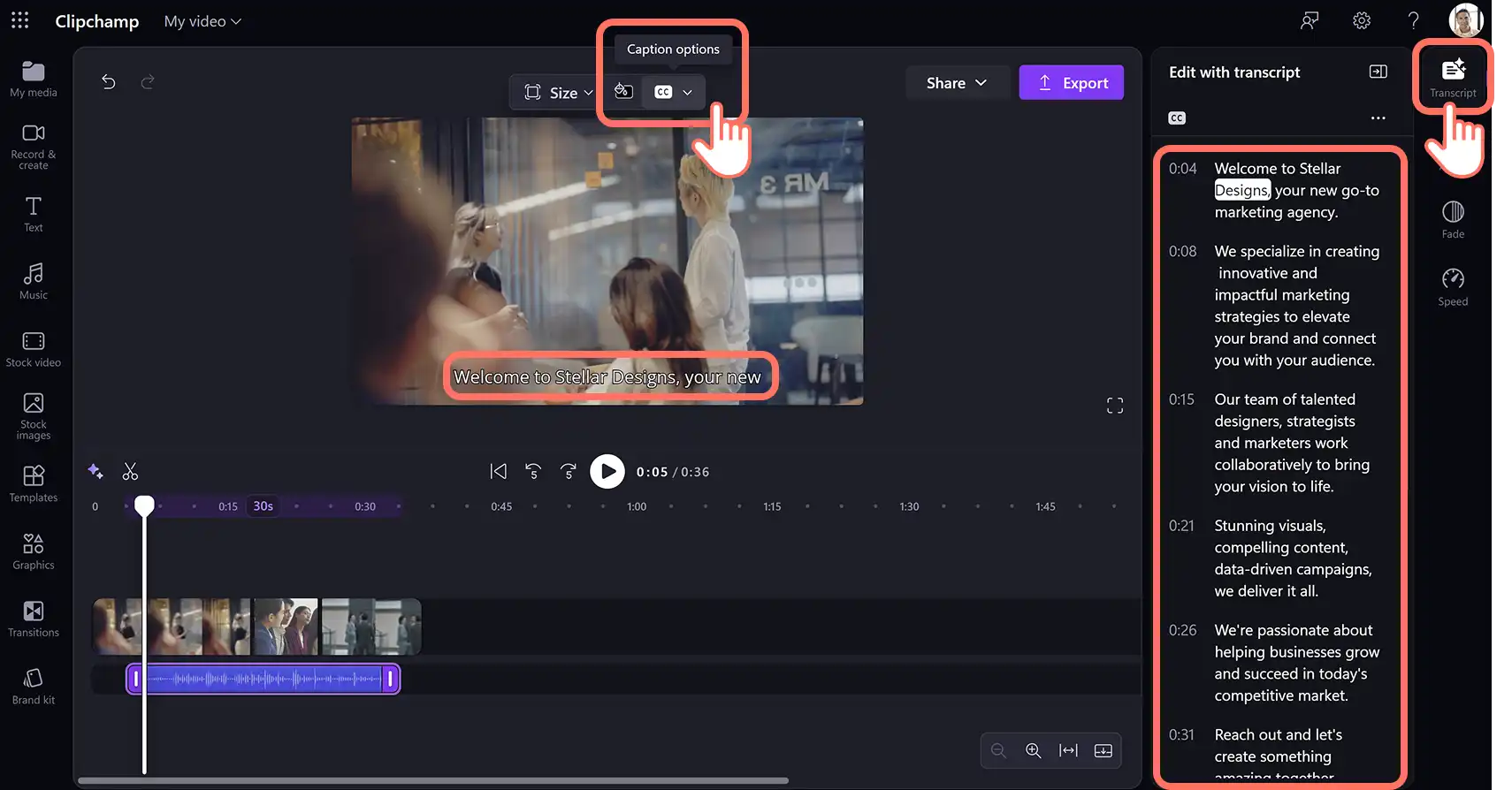 Użytkownik dodający automatyczne napisy AI do korporacyjnego filmu informacyjnego w usłudze Clipchamp do pracy.