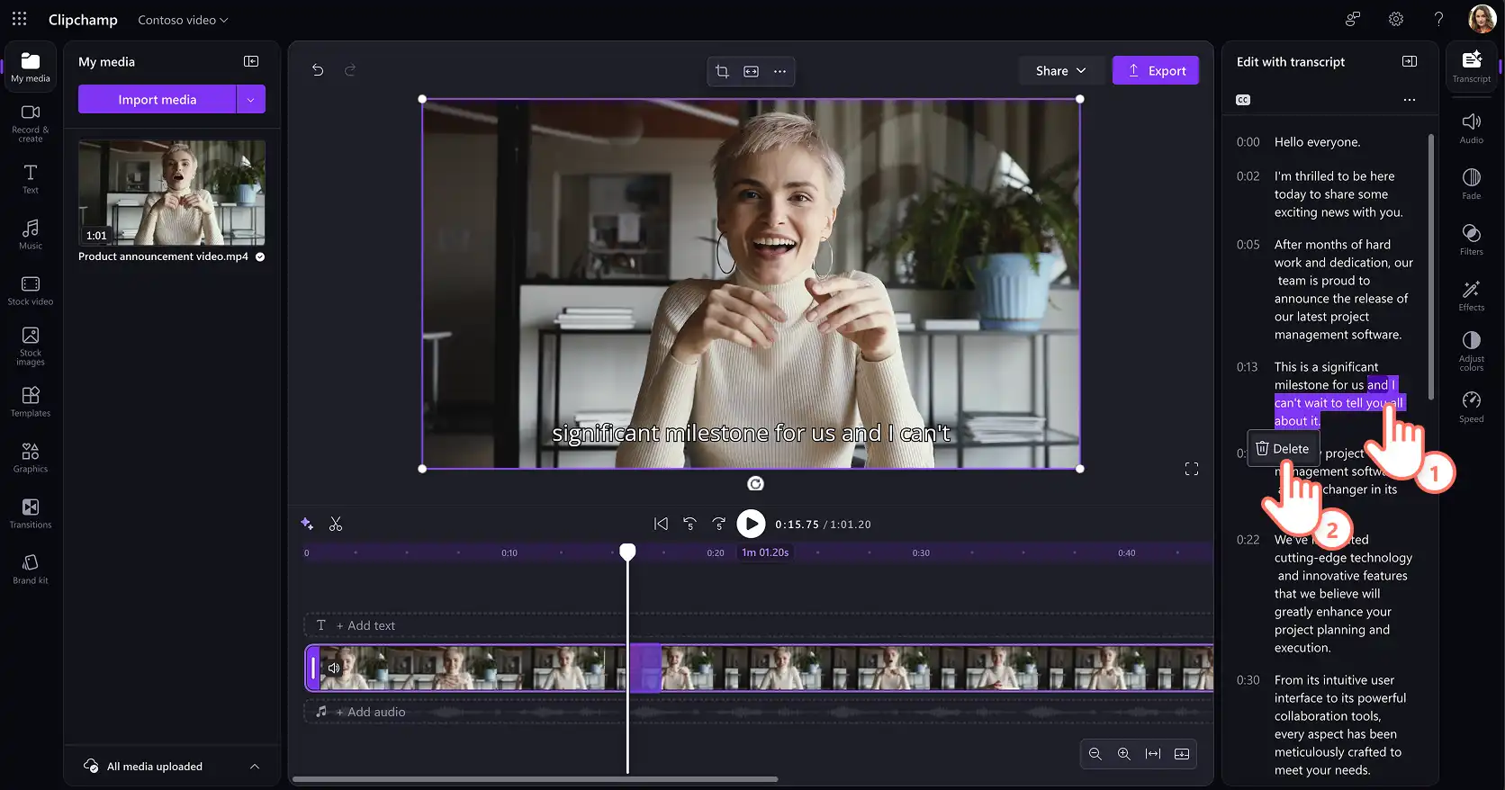 Pengguna memangkas video menggunakan pengeditan berbasis transkrip di Clipchamp untuk pekerjaan
