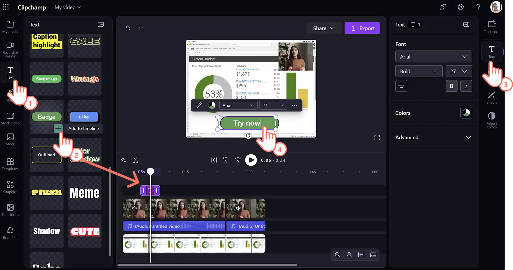 Usuário adicionando texto animado a um vídeo de demonstração de produto no Clipchamp para o trabalho