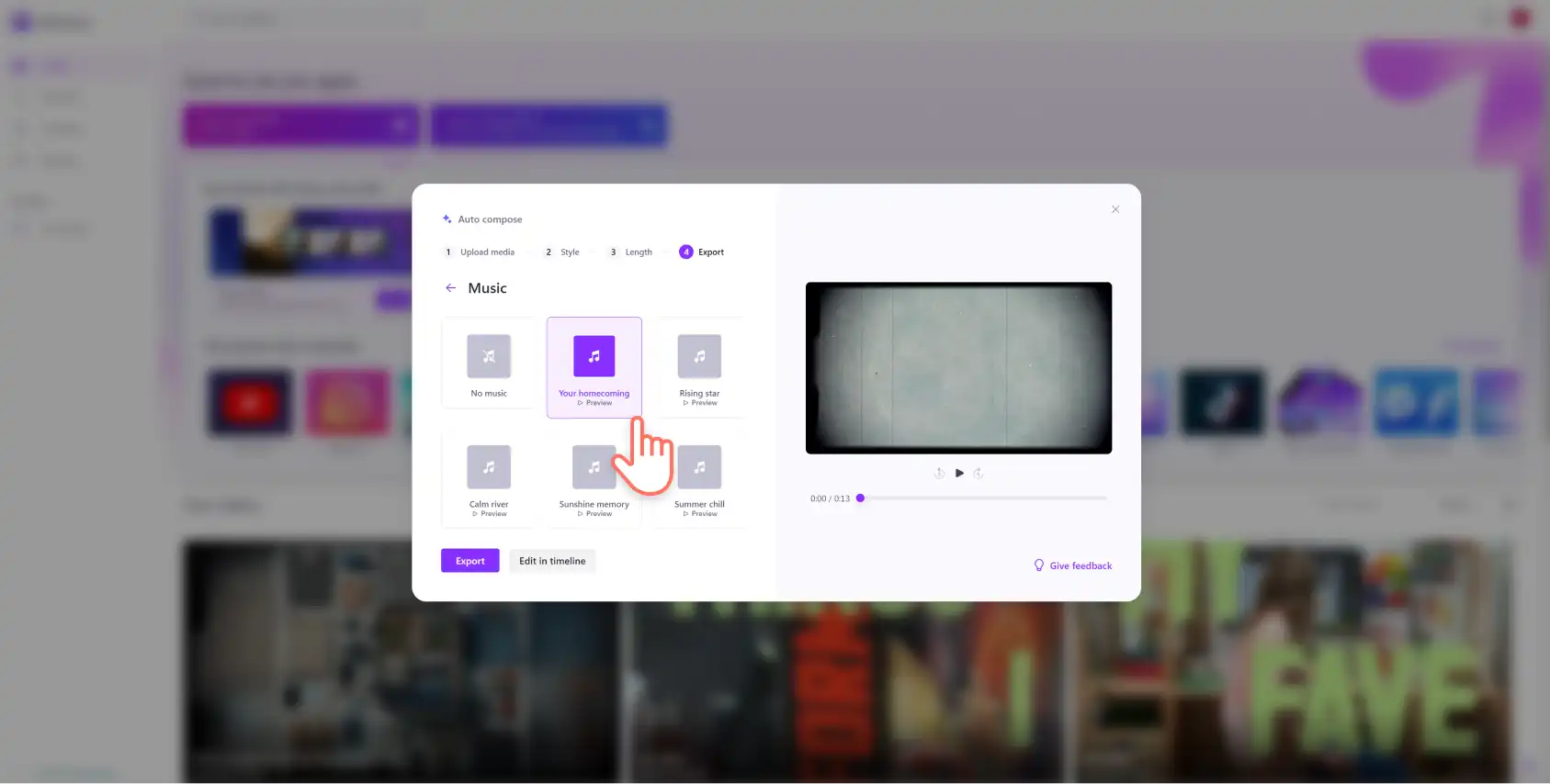 Syot layar seorang pengguna Clipchamp memilih muzik menggunakan autogubah.