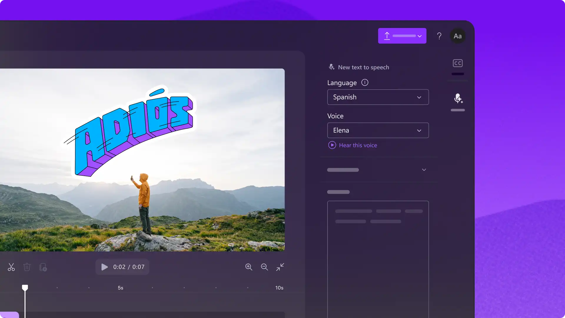 Пайдаланушы Clipchamp-та испан тілінде жасанды интеллект негізіндегі кадрдан тыс дауысын жасауда