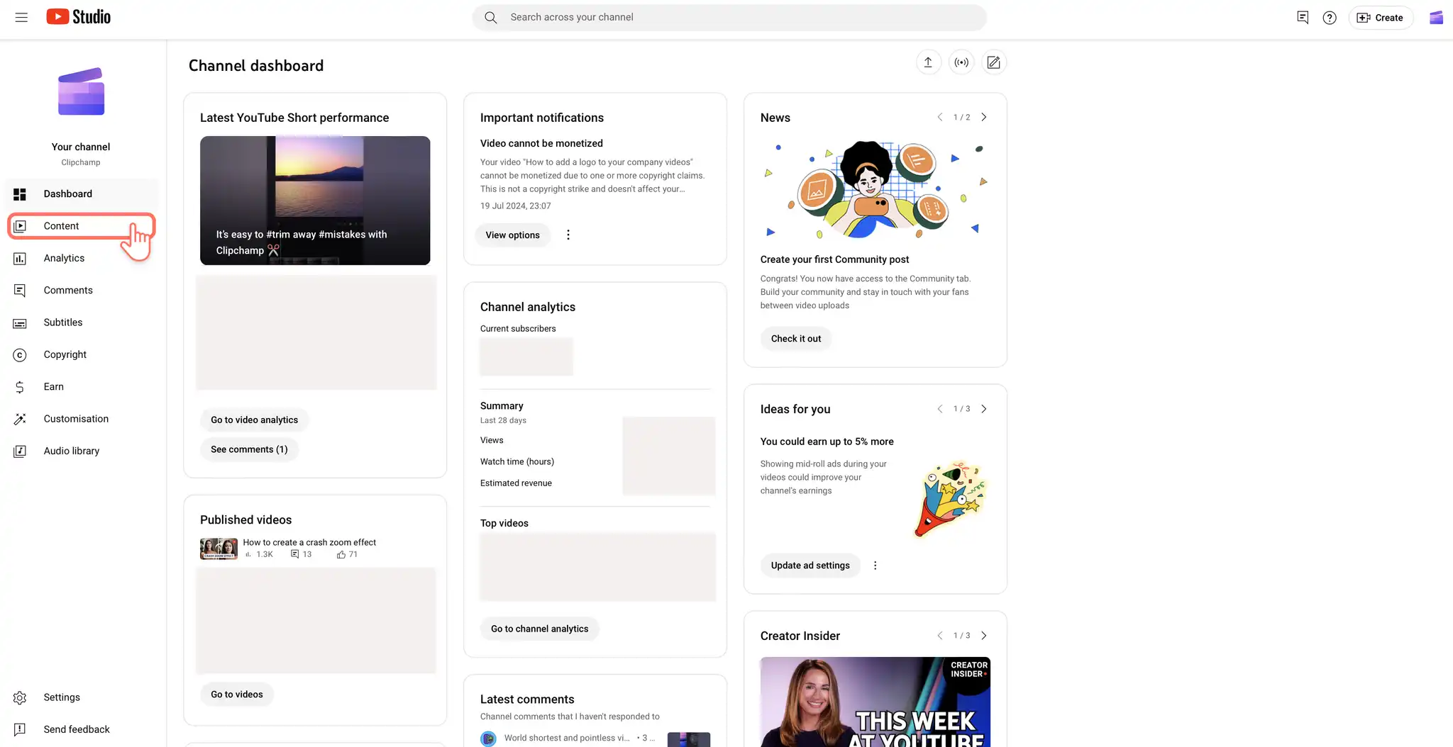 Eine Ansicht von YouTube Studio und der Inhaltauswahl.