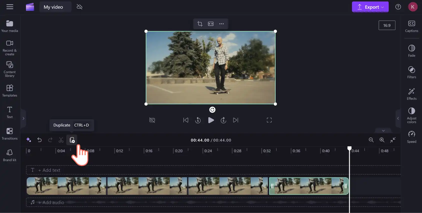 An image of a Clipchamp user clicking the duplicate button to make multiple copies of the same visual to create a video loop.