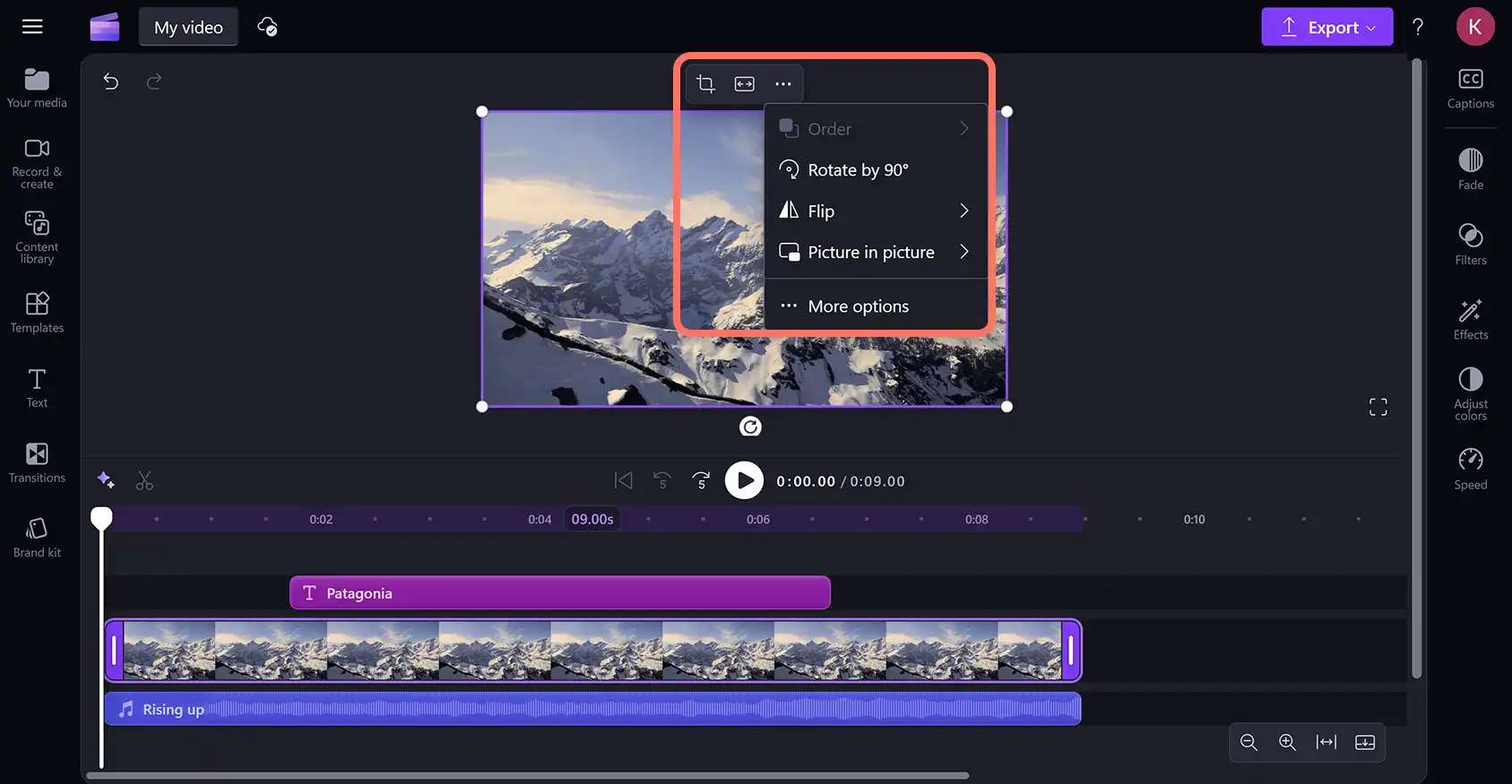 Den flydende værktøjslinje efter et aktiv er blevet valgt på tidslinjen i Clipchamp-videoeditoren.
