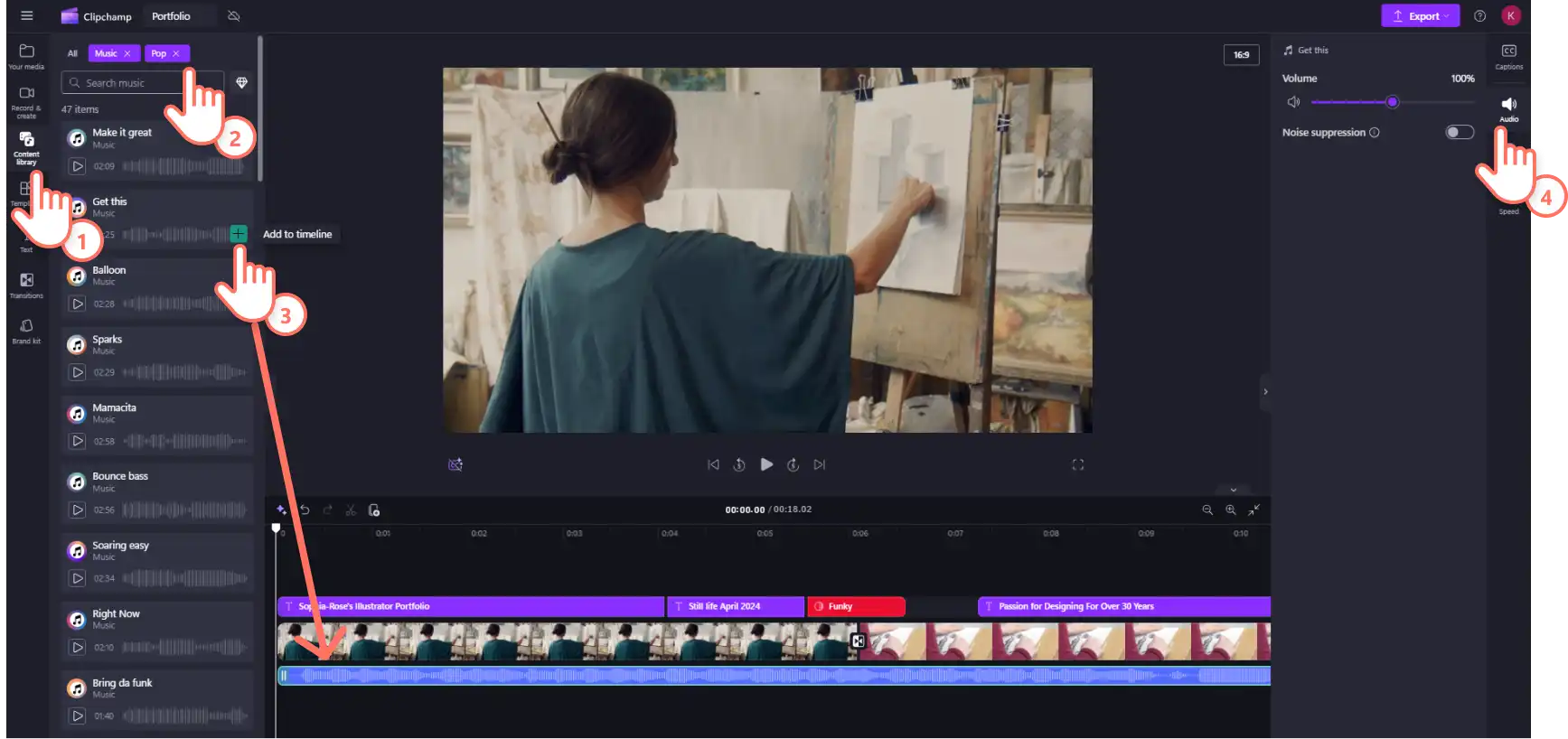 Un utente di Clipchamp che aggiunge musica al portfolio video.