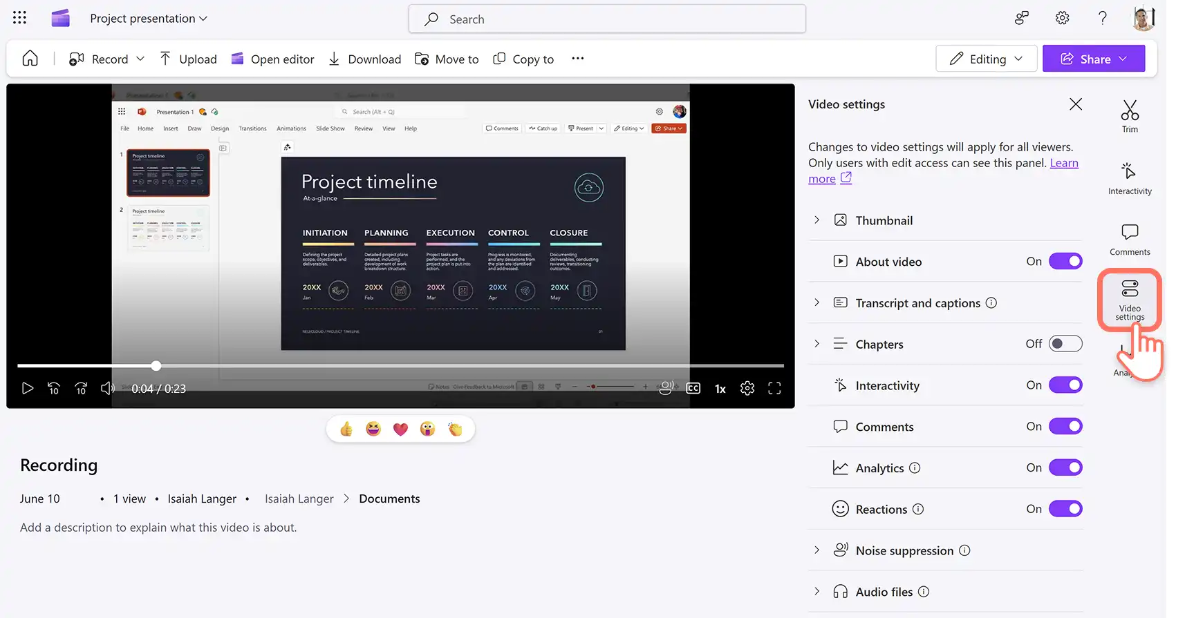 Usuário clicando na guia "Configurações de vídeo" no Microsoft Clipchamp.