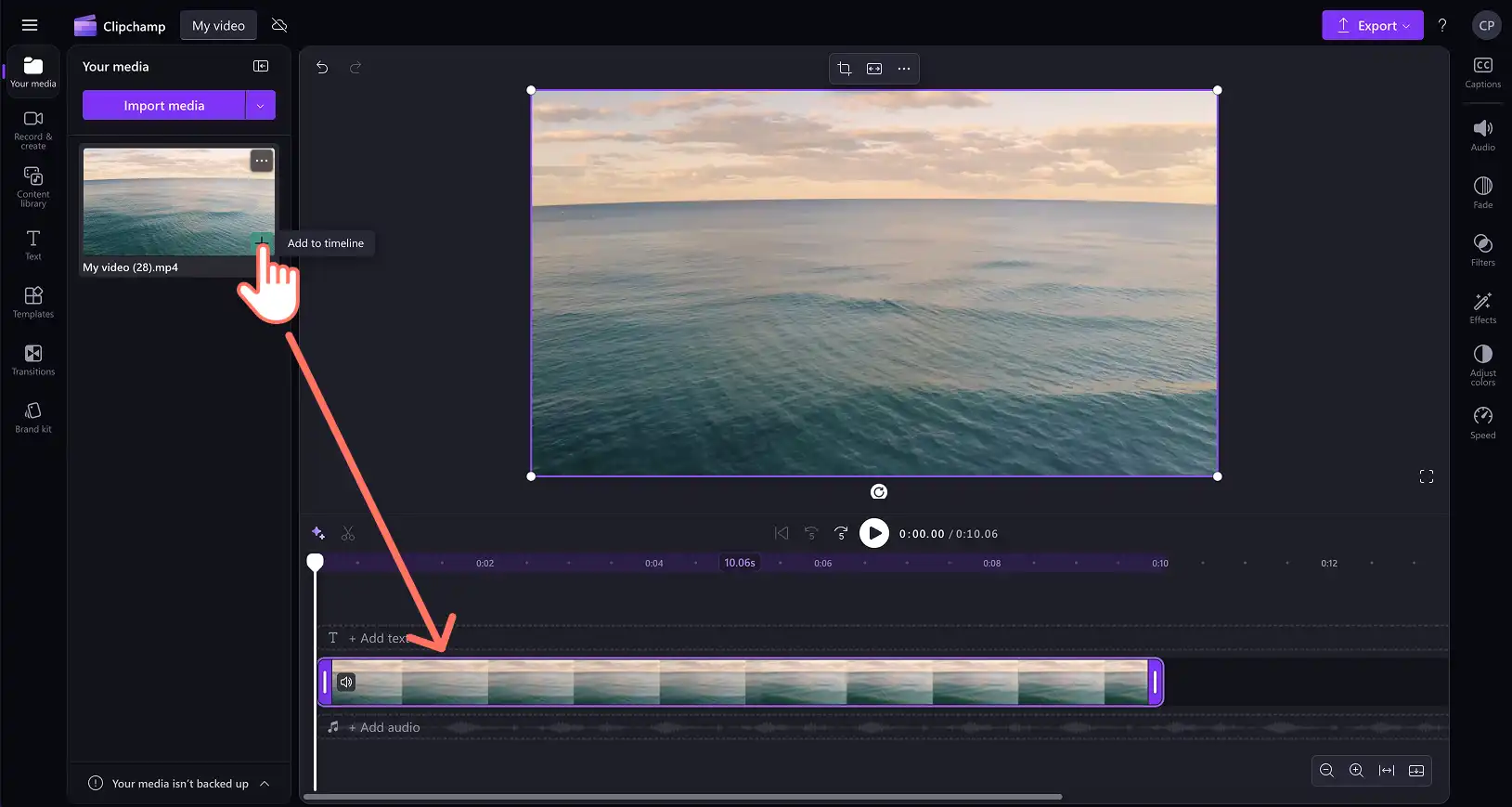 A user adding video with audio to the timeline.