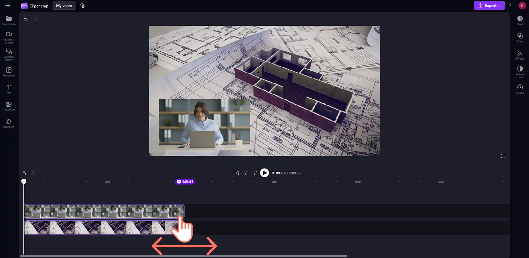 用户在 Clipchamp 中修剪画中画视频的长度。