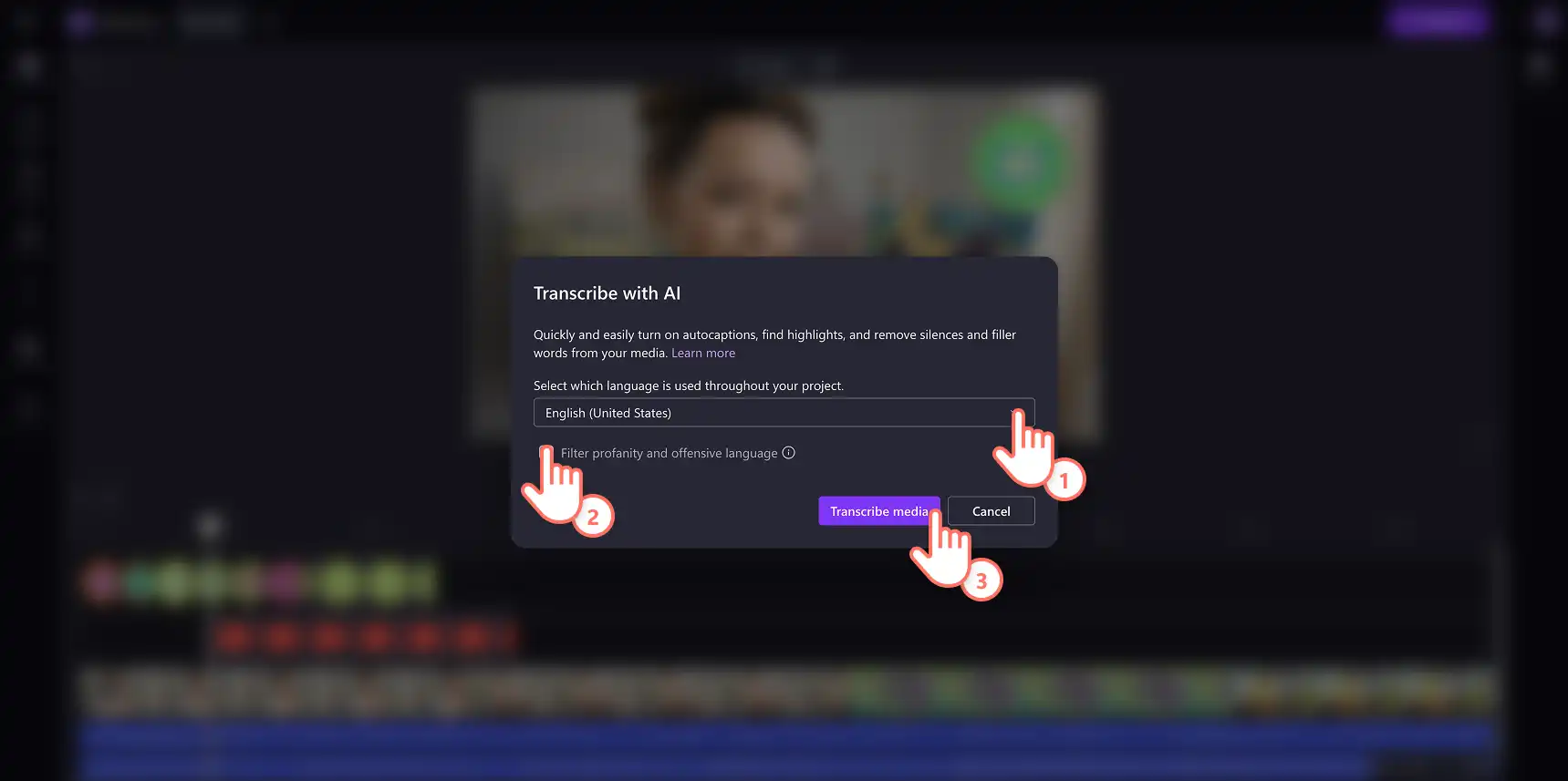 Clipchamp 中的自动字幕弹出窗口