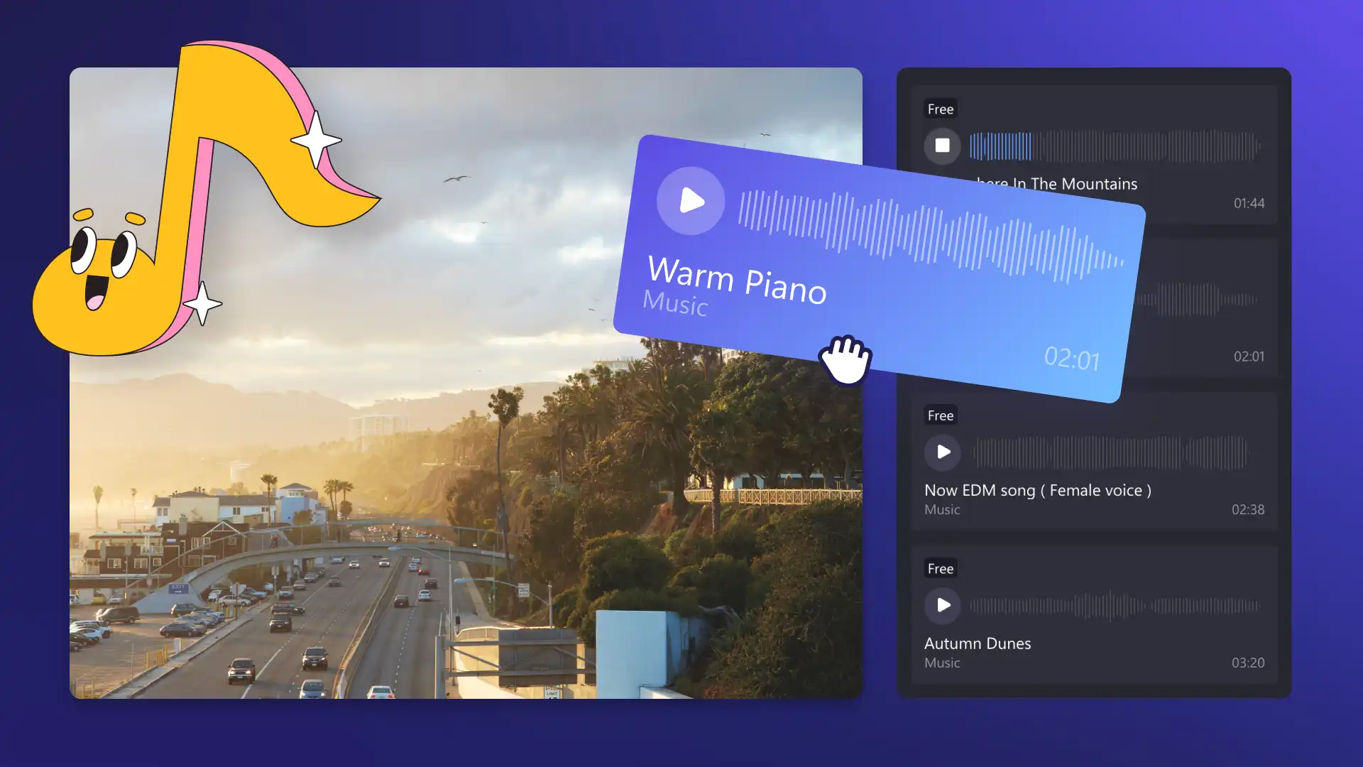 Một người dùng đang kéo bài hát miễn phí bản quyền vào dòng thời gian biên tập trong Clipchamp. 