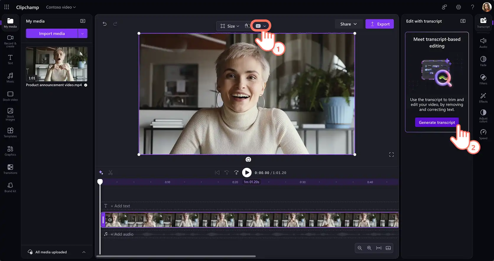 Pengguna memilih tombol buat transkrip di editor video Clipchamp untuk pekerjaan