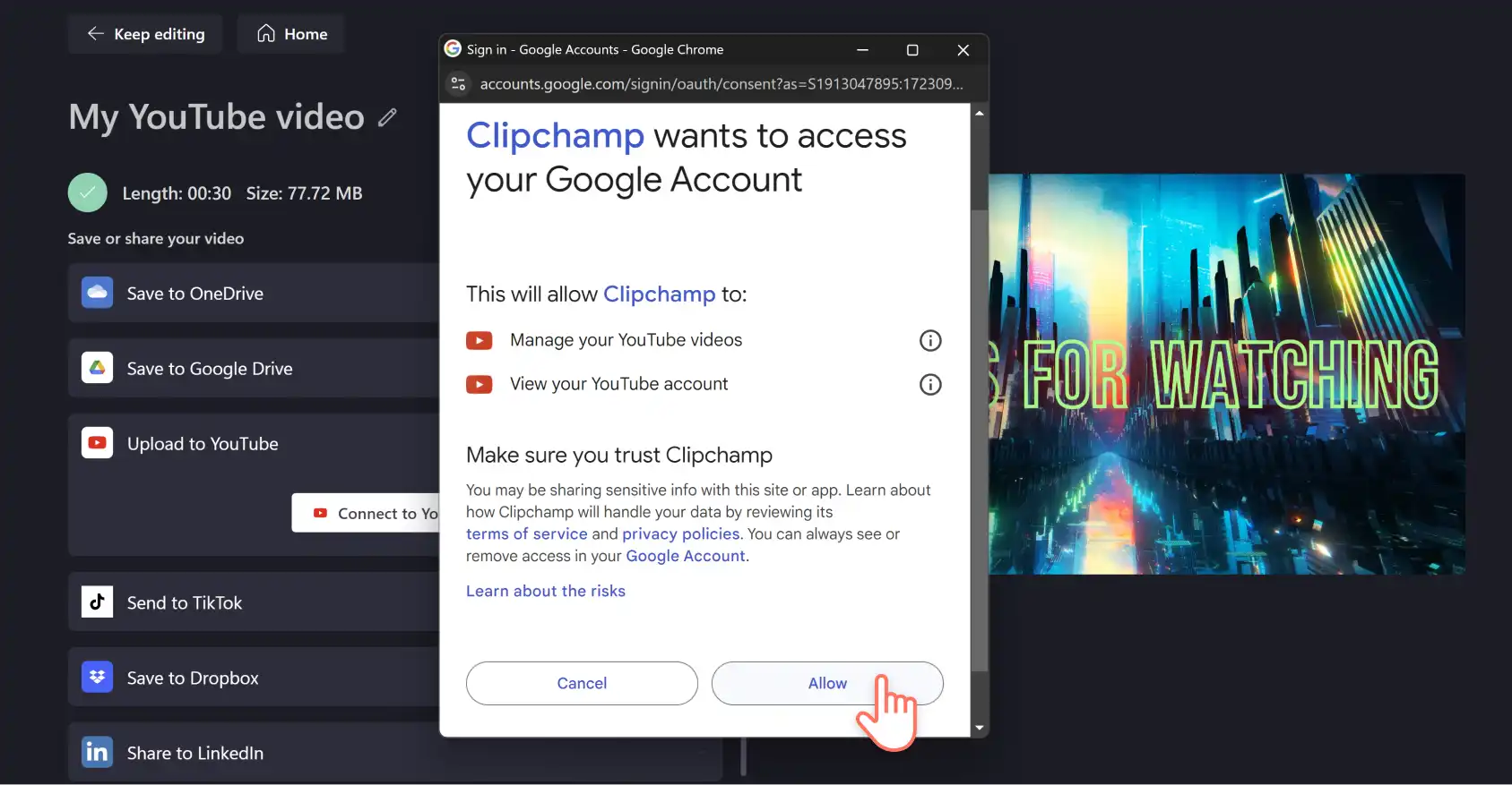 Hình ảnh người dùng Clipchamp nhấp vào nút cho phép trong cửa sổ bật lên để cấp cho Clipchamp quyền truy cập vào Tài khoản Google của họ.